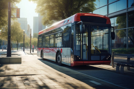 Modern bus arriving at a bus stop, summer sunny day, AI Generatedの素材