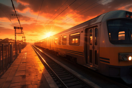 Modern train arriving at a bus stop, summer sunny day at sunset, AI Generatedの素材