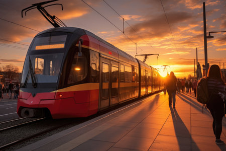 Modern train arriving at a bus stop, summer sunny day at sunset, AI Generatedの素材