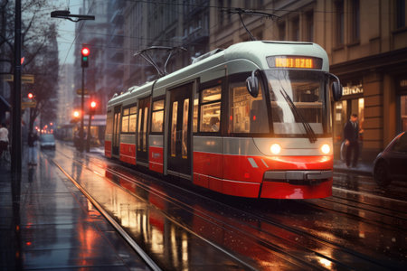 Modern train arriving at a bus stop, summer sunny day at sunset, AI Generatedの素材