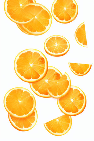 sliced flying orange isolated on white background. cut orange in pieces isolated on white background. Levity fruit floating in the air. AI Generatedの素材