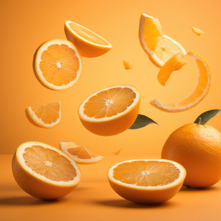 sliced flying orange isolated on white background. cut orange in pieces isolated on orange background. Levity fruit floating in the air. AI Generatedの素材