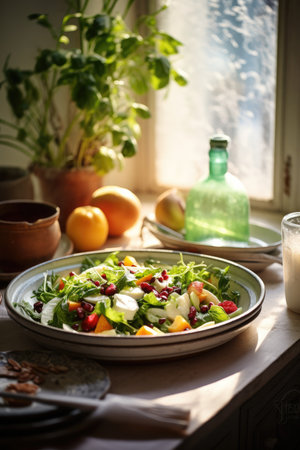 Healthy vegetable salad of fresh cucumber, onion, spinach, lettuce and sesame on plate. Diet menu. AI Generatedの素材