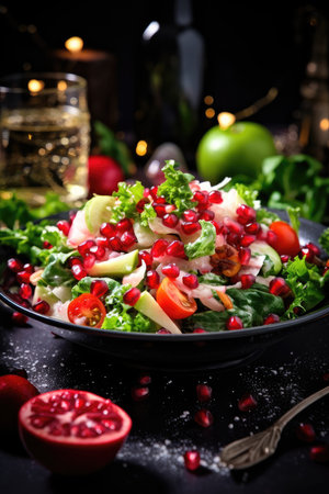 Healthy vegetable salad of fresh cucumber, onion, spinach, lettuce and sesame on plate. Diet menu. AI Generatedの素材