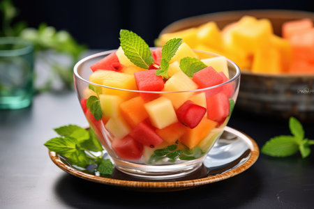 Bowl of healthy fresh fruit salad on dark background, AI Generatedの素材