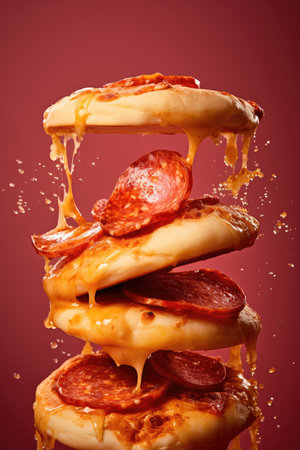 Levitation pizza on black background, AI Generatedの素材