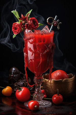 Bloody Mary cocktail in glass, smoke coming up. Halloween drink. AI Generatedの素材
