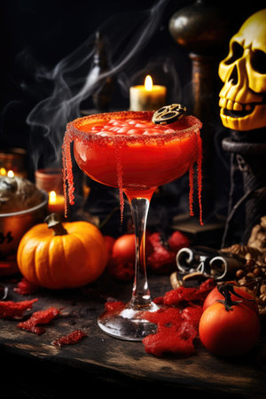 Bloody Mary cocktail in glass, smoke coming up. Halloween drink. AI Generatedの素材