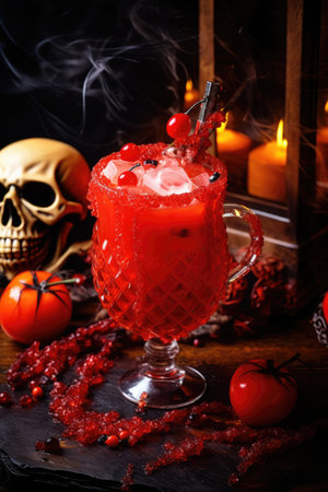 Bloody Mary cocktail in glass, smoke coming up. Halloween drink. AI Generatedの素材