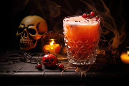 Bloody Mary cocktail in glass, smoke coming up. Halloween drink. AI Generatedの素材