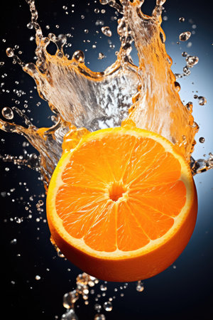 sliced flying orange isolated with splash on black background. cut orange in pieces isolated on dark background. Levity fruit floating in the air. AI Generatedの素材