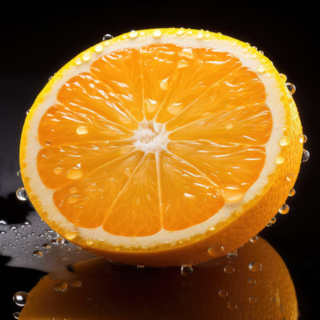 sliced flying orange isolated with splash on white background. cut orange in pieces isolated on white background. Levity fruit floating in the air. AI Generatedの素材