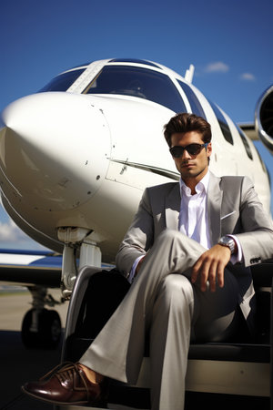 Young businessman sitting in his private jet, AI Generatedの素材