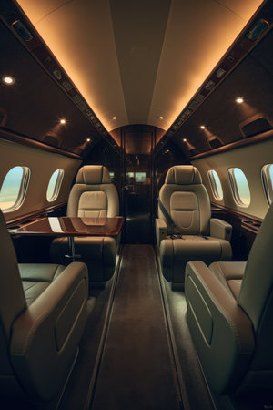 Luxury interior in bright colors of genuine leather in the business jet, AI Generatedの素材