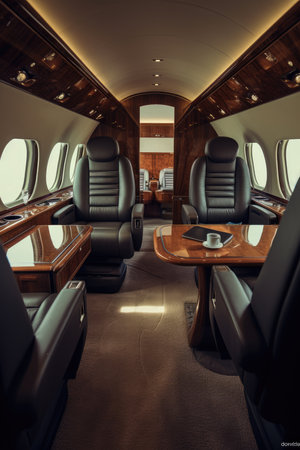 Luxury interior in bright colors of genuine leather in the business jet, AI Generatedの素材