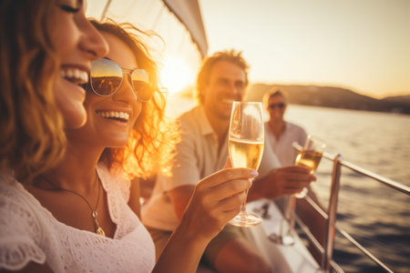 Group of diverse friends drink champagne while having a party in yacht. Attractive young men and women hanging out, celebrating holiday vacation trip while catamaran boat sailing during summer sunset. AI Generatedの素材