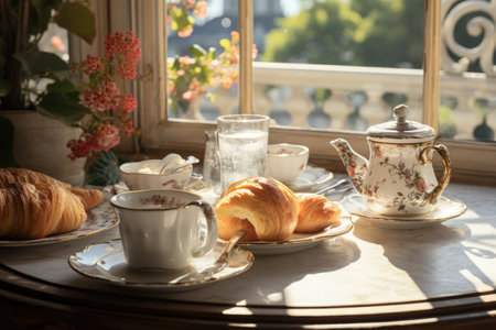 Healthy breakfast set with fruit, pastry and drink on wooden table with croissant, AI Generatedの素材