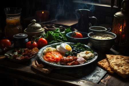 Traditional full English breakfast with fried eggs, sausages, beans, grilled tomatoes and bacon on dark. AI Generatedの素材