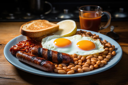 Traditional full English breakfast with fried eggs, sausages, beans, grilled tomatoes and bacon. AI Generatedの素材