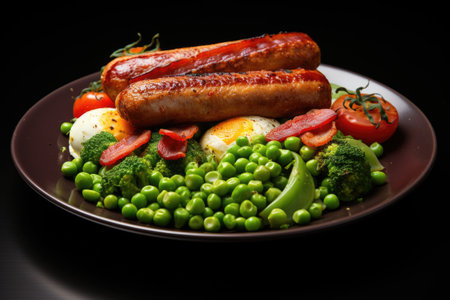Traditional full English breakfast with fried eggs, sausages, beans, grilled tomatoes and bacon. AI Generatedの素材