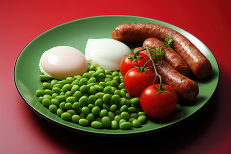 Traditional full English breakfast with fried eggs, sausages, beans, grilled tomatoes and bacon on red. AI Generatedの素材