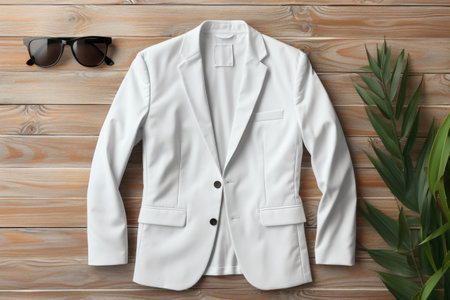female white blank blazer on wooden background, woman jacket. AI Generatedの素材