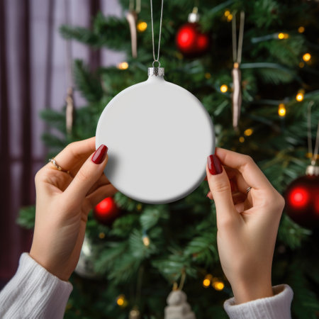 winter and christmas concept. female hands holding white blank christmas ball on tree background, AI Generatedの素材