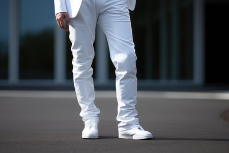 unrecognizable male model wearing wide white pants for mockup design, AI Generatedの素材