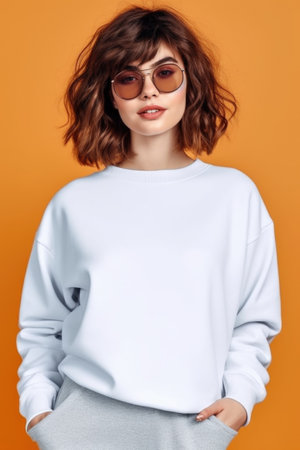 Young woman wearing a white casual sweatshirt for mockup design standing on colored background , AI Generatedの素材