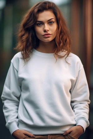 Young woman wearing a white casual sweatshirt for mockup design standing on colored background , AI Generatedの素材