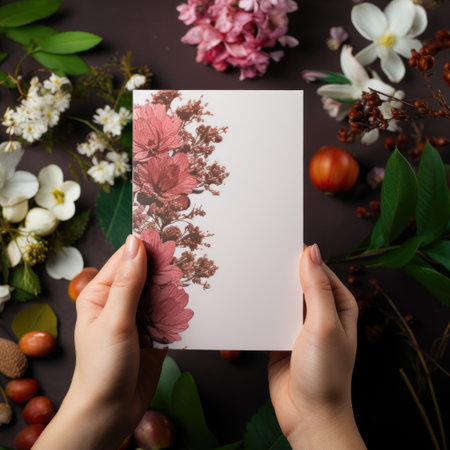 Unrecognizable woman holding blank invitation card in hands on floral background, AI Generatedの素材