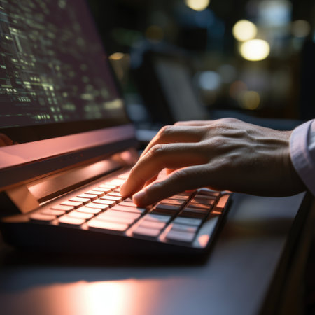 Close-up of male hands typing on laptop keyboard indoors. Businessman working in office or student browsing information, AI Generatedの素材