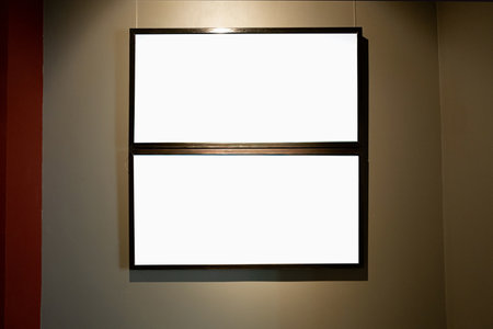Blank picture frames on brown wall with glowing lamp in the gallery, mock up