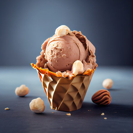 chocolate ice cream scoops with wafer and nuts on dark background. AI Generatedの素材