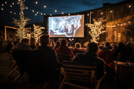 Christmas open air cinema in winter. People watching movie in open air movie theater. AI Generatedの素材