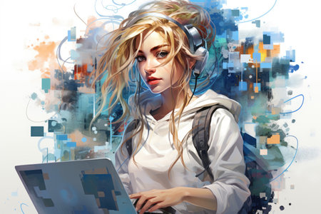 woman designer Working On Computer In IT Office or home, cartoon watercolor style, AI Generatedの素材