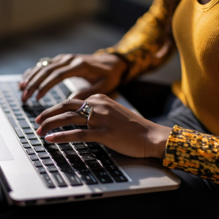 Close-up of female hands typing on laptop keyboard indoors. Businessman working in office or student browsing information, AI Generatedの素材