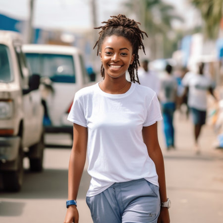 Young woman wearing a white casual t-shirt for mockup design standing on the street, AI Generatedの素材