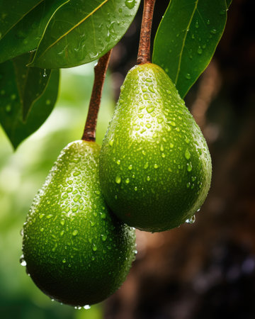 avocado picking season. avocado on a avocado tree plantation with huge clusters of fruits. Garden with trees and organic fruits. AI Generatedの素材
