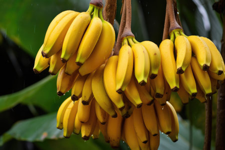 bananas picking season. bananas on a banana tree plantation with huge clusters of fruits. Garden with trees and organic fruits. AI Generatedの素材