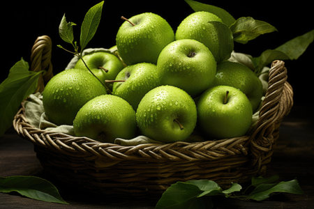 apples picking season. Fresh apples in rustic basket on dark background. AI Generatedの素材