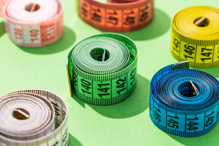 Dieting concept. colorful measuring tapes on bright green background, patternの写真素材