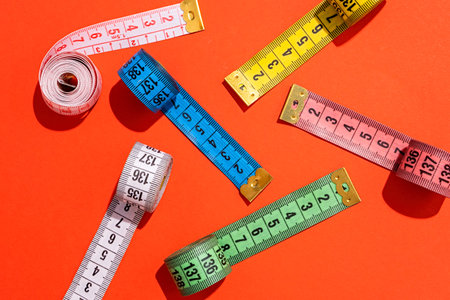 Dieting concept. colorful measuring tapes top view on bright red background, flat lay, patternの写真素材