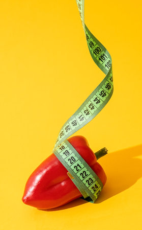 Dieting concept. sweet bell pepper is wrapped with green measuring tape on yellow backgroundの写真素材