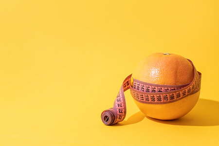 Slimming, body shaping, skin care. Anti-cellulite creative concept. Fruit orange is wrapped with measuring tape on yellow background.の写真素材