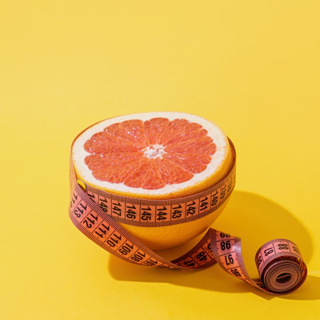 Slimming, body shaping, skin care. Anti-cellulite creative concept. Fruit orange is wrapped with measuring tape on yellow background.の写真素材