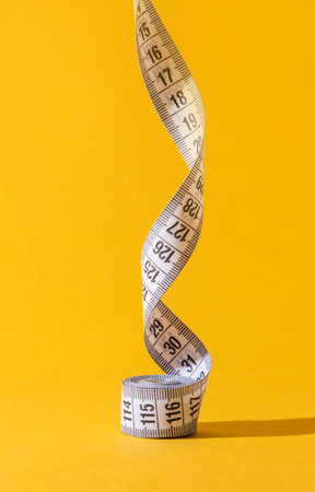 Dieting concept. colorful measuring tapes top view on bright red background, front view