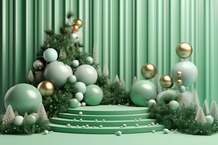 Christmas background with podium for product display on green background. AI Generatedの素材