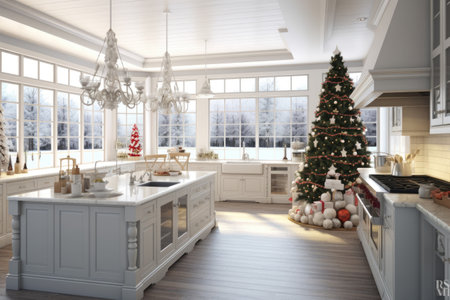 Interior of rustic modern kitchen decorated for Christmas. AI Generatedの素材