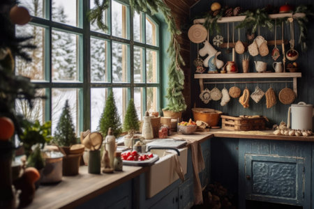 Interior of modern kitchen decorated for Christmas. AI Generatedの素材